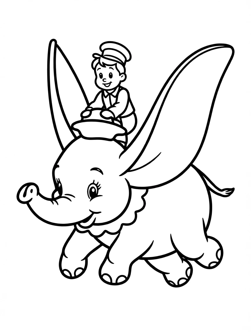Dumbo flying with Timothy on his hat, looking confident.
