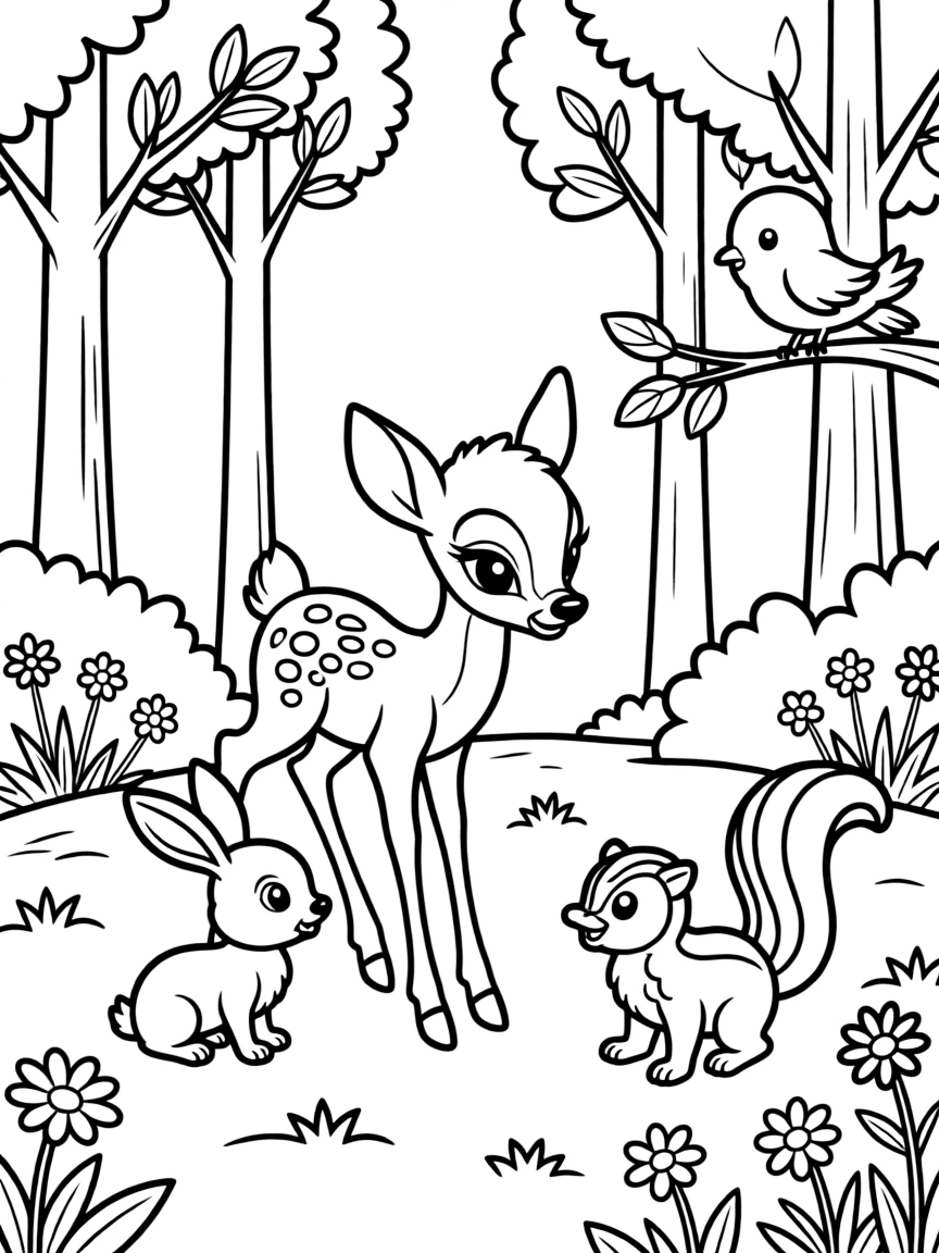 Bambi and his friends playing in the forest, with flowers.