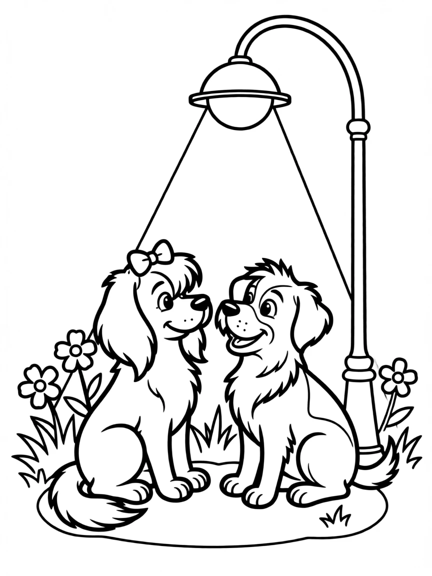 Lady and Tramp looking at each other under a street light.
