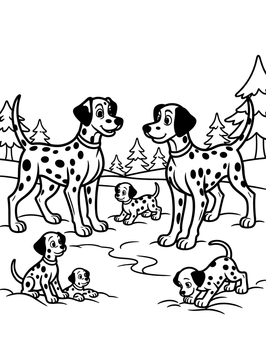 Pongo and Perdita looking for their puppies in the snow.