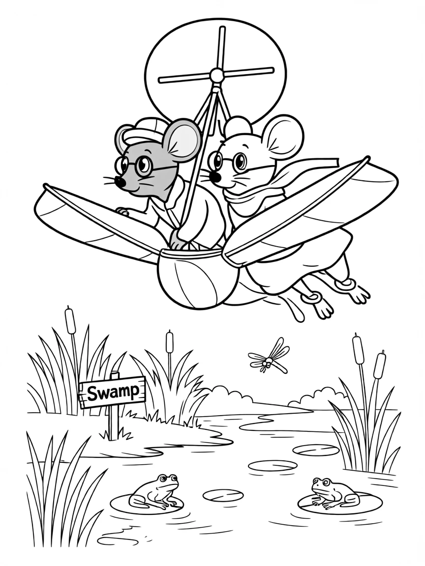 Bernard and Miss Bianca flying over a swamp, looking for Penny.