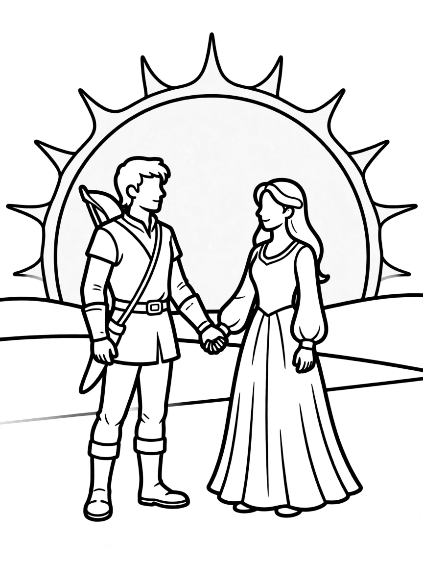 Robin Hood and Maid Marian holding hands, with a sunset behind them.