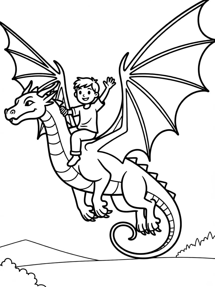 Cody riding on Marahute's back, soaring high above the ground.