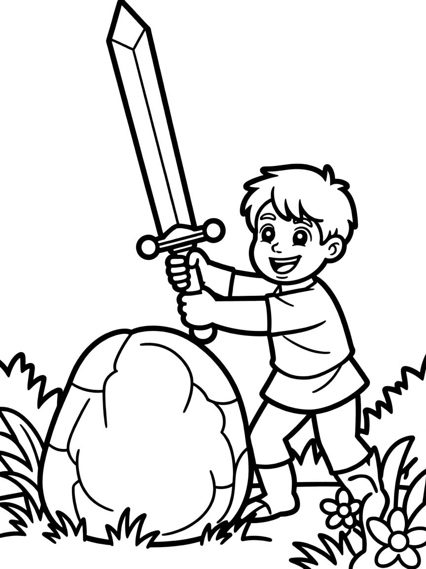 Arthur pulling the sword from the stone, with a triumphant smile.