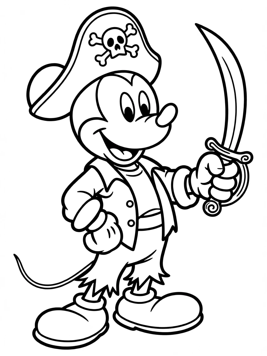 Mickey Mouse dressed as a pirate, with a sword.