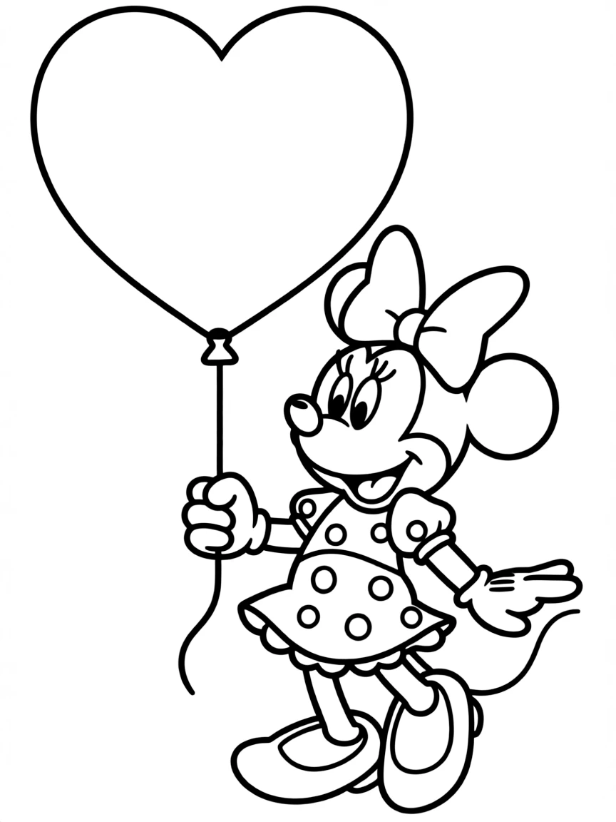 Minnie Mouse holding a giant heart-shaped balloon.