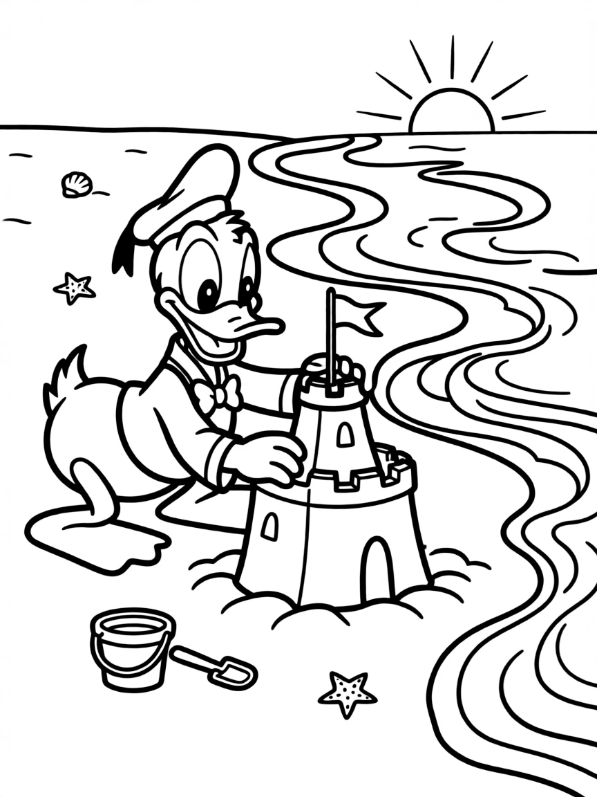 Donald Duck trying to build a sandcastle, with waves washing it away.