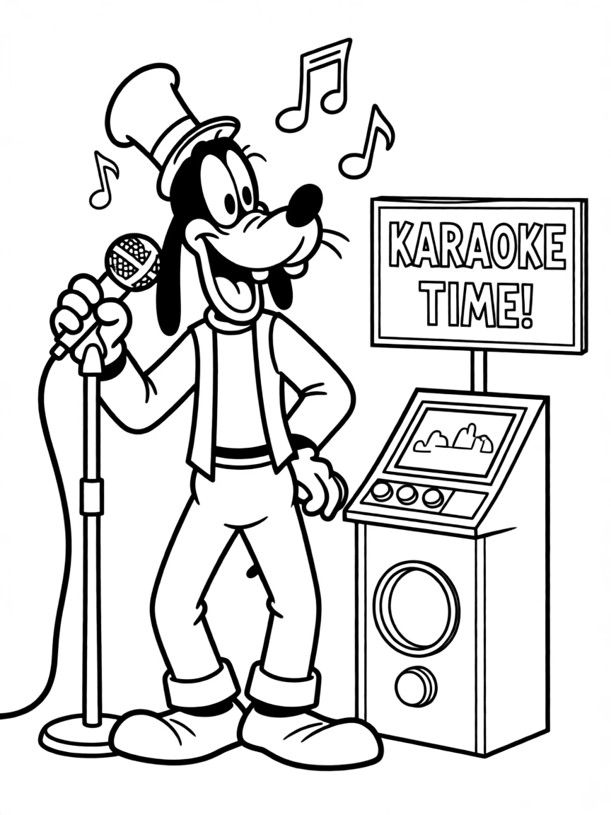 Goofy trying to sing karaoke, with funny expressions.