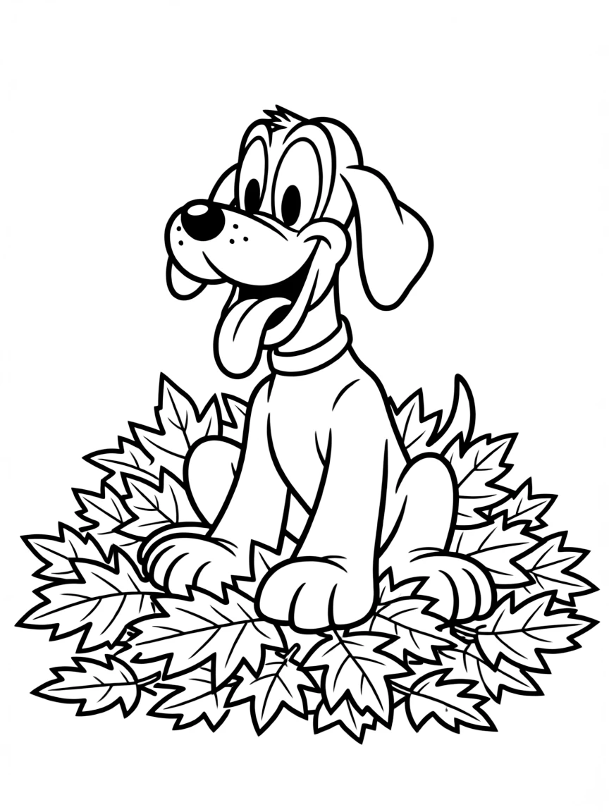Pluto playing in a pile of leaves, with a big grin.