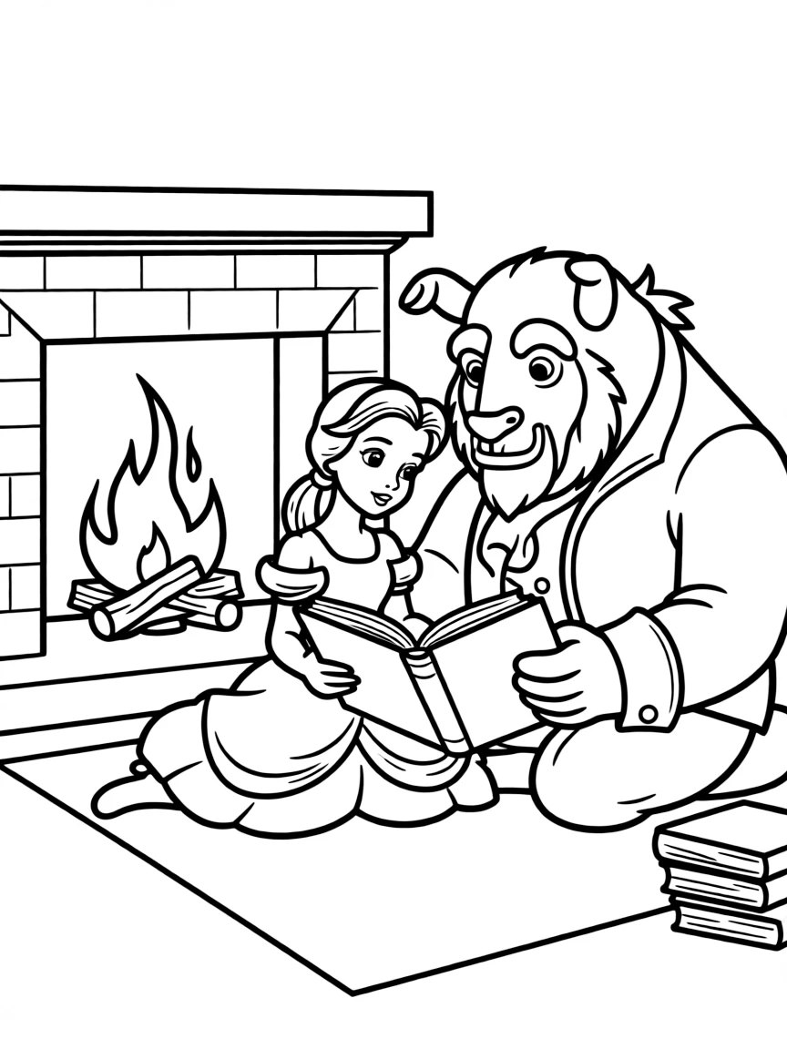 Belle and the Beast sitting by the fire, reading.