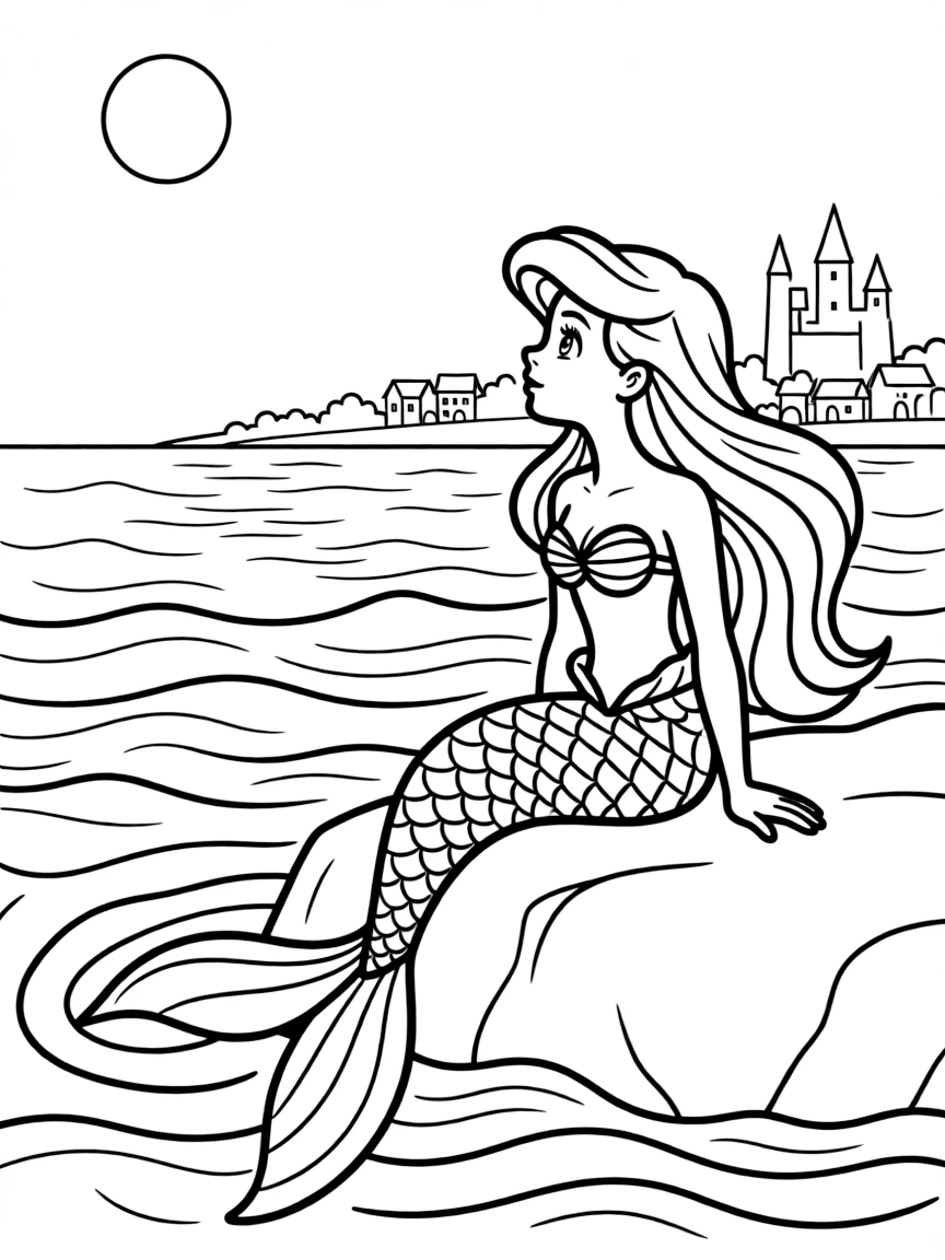 Ariel looking at the human world from afar, longing.