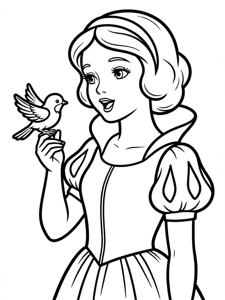 Snow White with a bird on her finger, singing.
