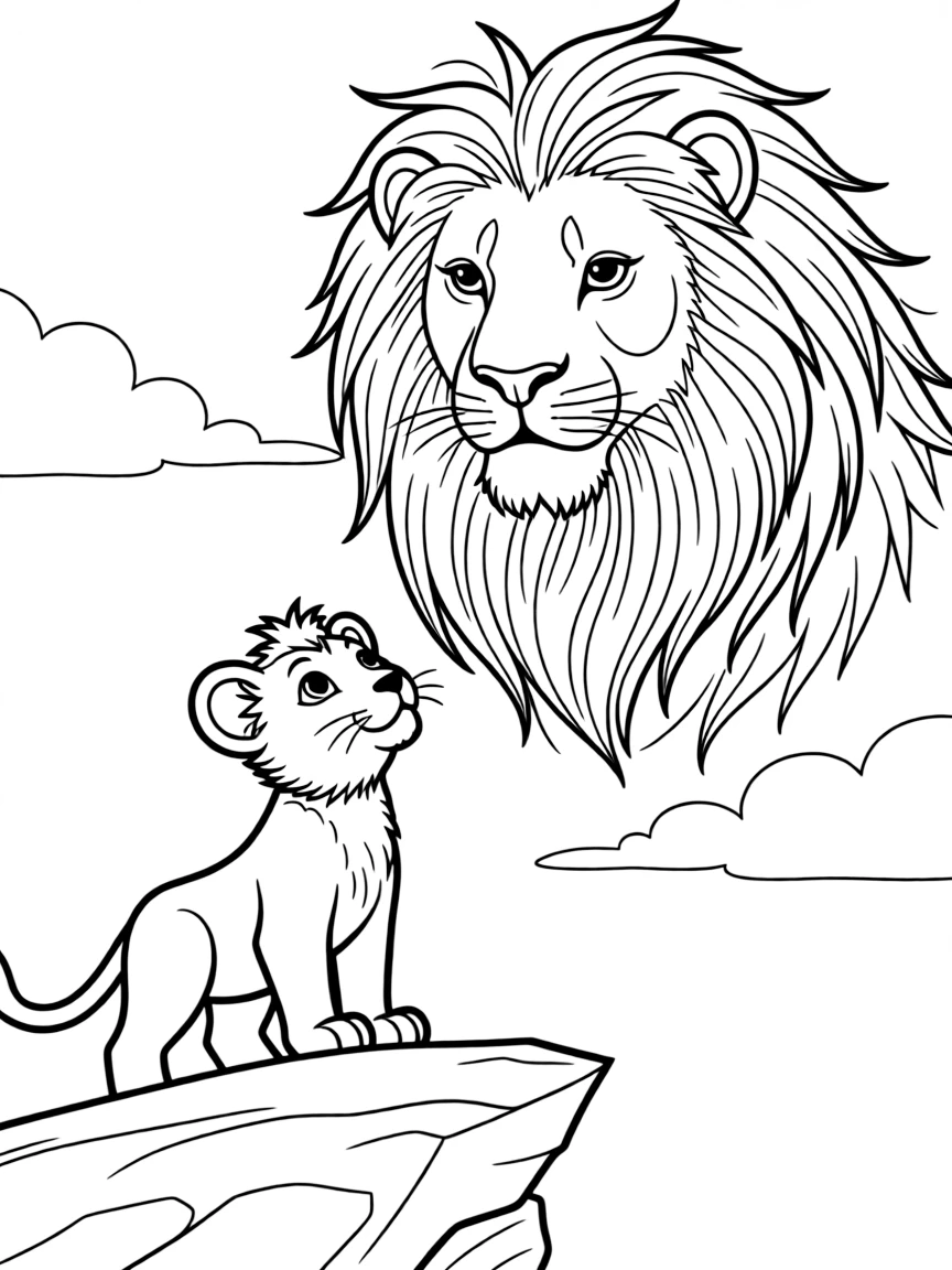 Simba looking up at the sky, with Mufasa's spirit.