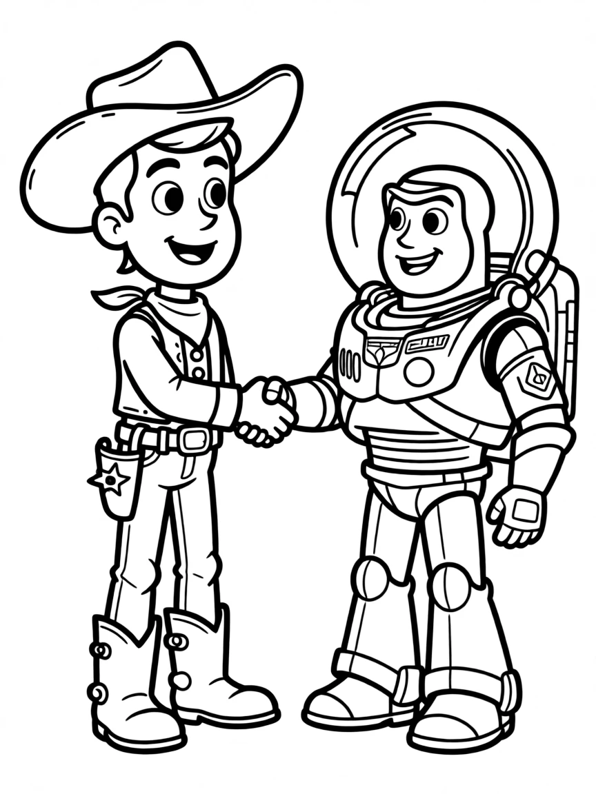 Woody and Buzz shaking hands, with a friendly smile.