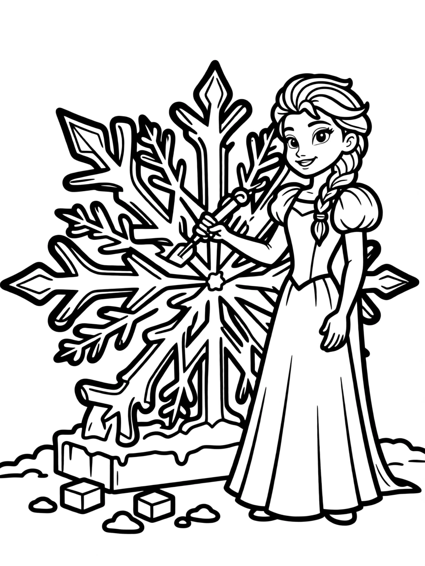 Elsa creating a beautiful ice sculpture of a snowflake.