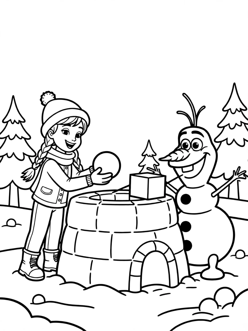 Anna and Olaf making a snow fort together.