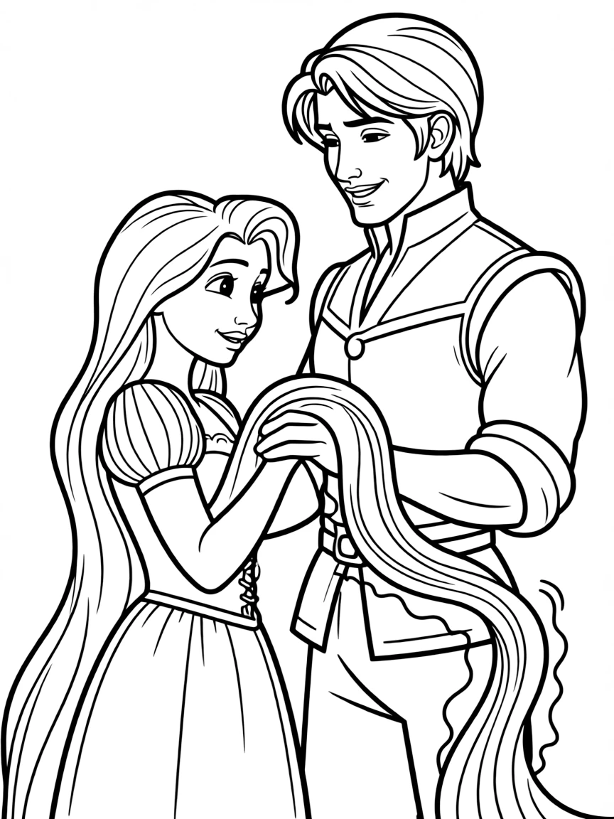 Rapunzel healing Flynn Rider, with glowing hair.