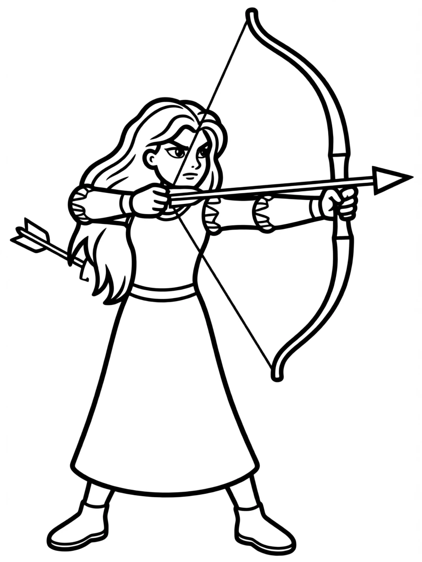 Merida aiming her bow, with a fierce expression.