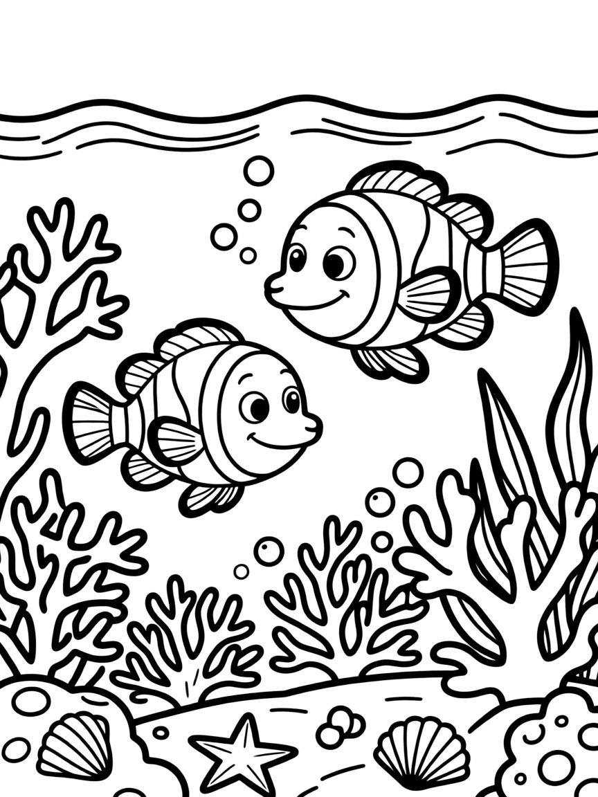 Nemo and Dory swimming through a colorful coral reef.