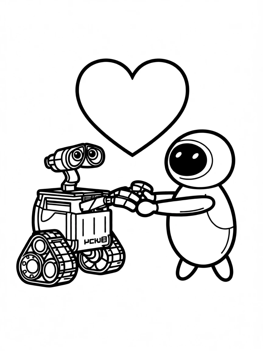 WALL-E and EVE holding hands, with a heart shape.