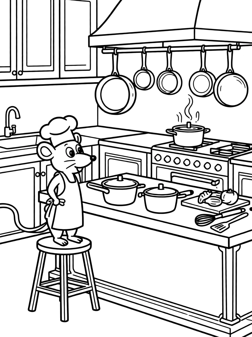 Remy cooking in a fancy kitchen, with all his pots and pans.