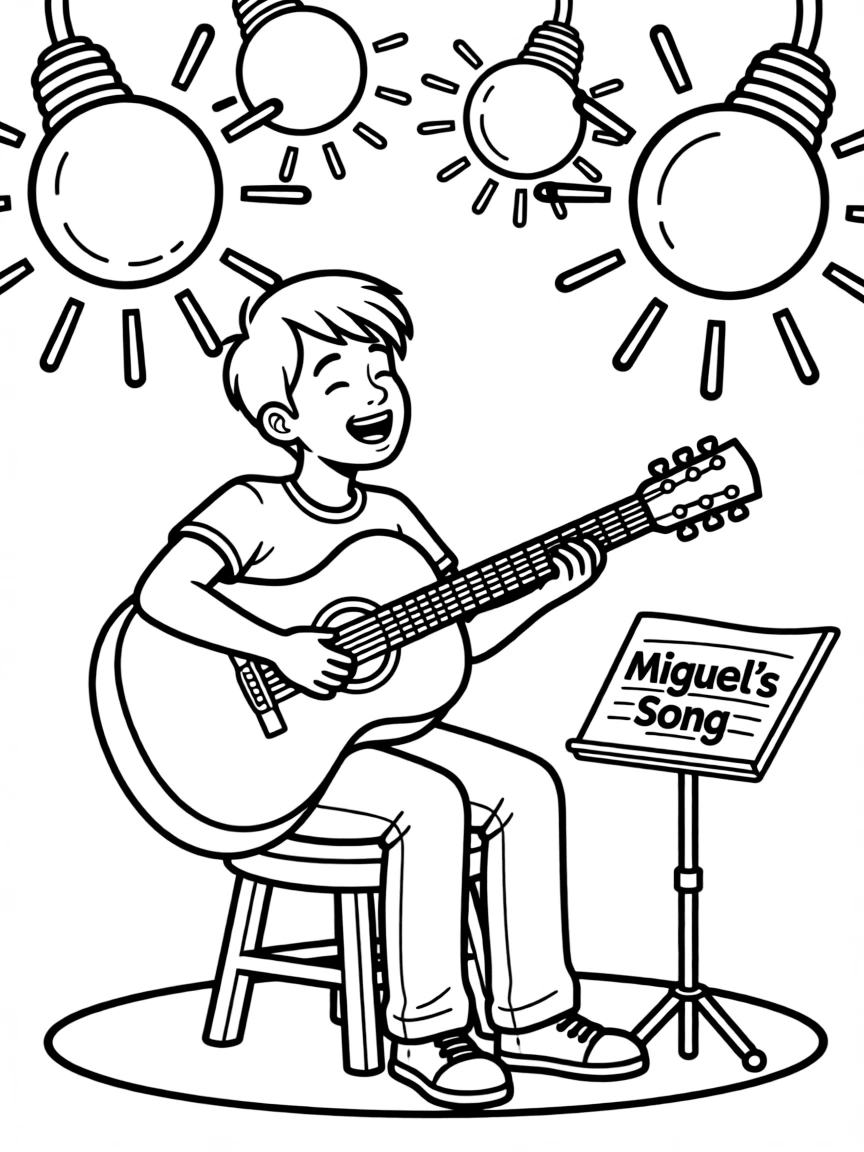 Miguel playing his guitar passionately, with bright lights.