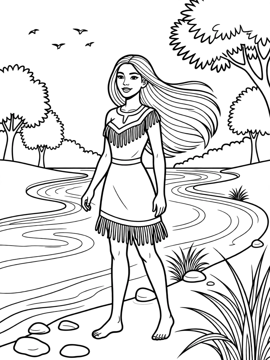 Pocahontas standing by the river, with the wind blowing.