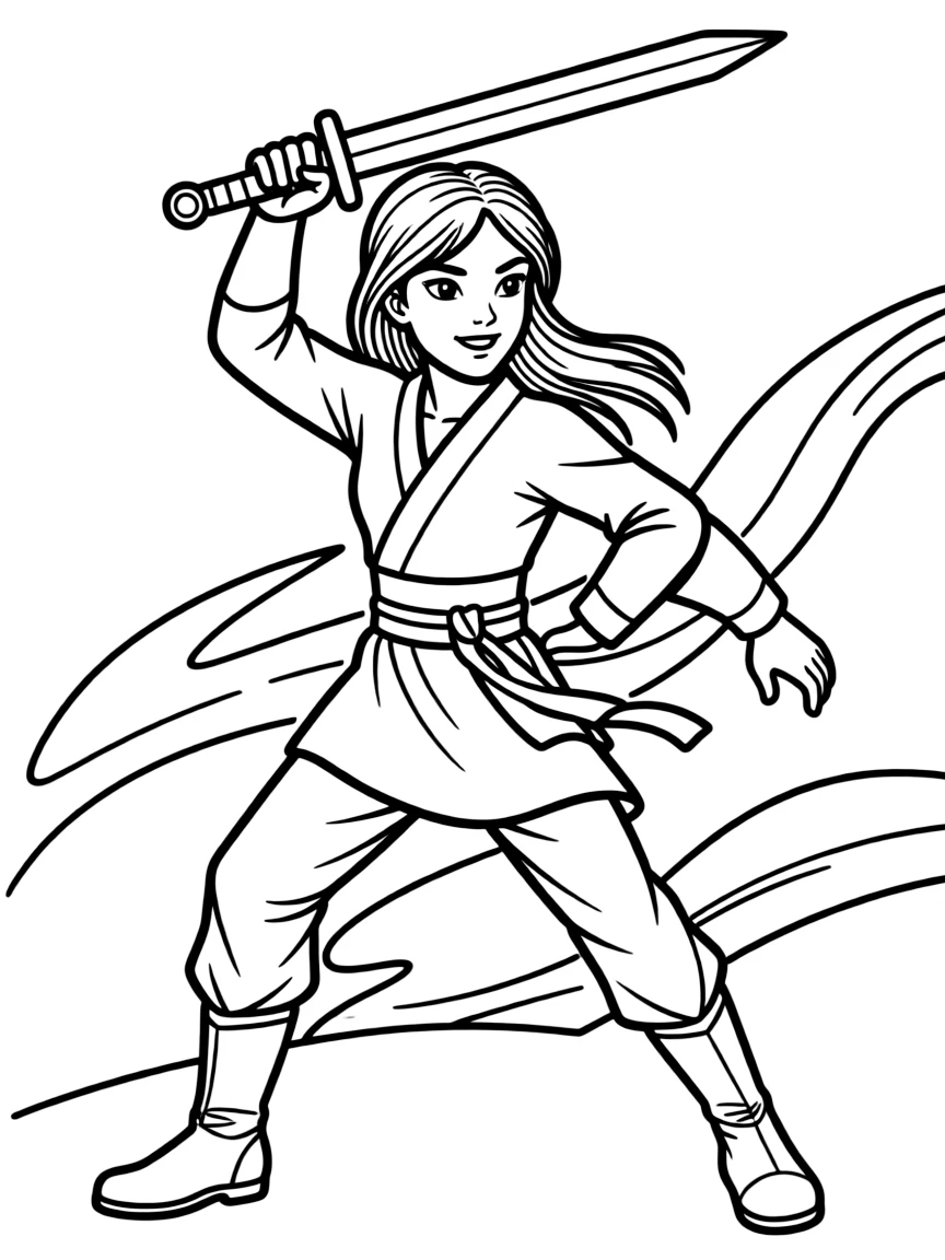 Mulan fighting bravely, with a determined look.