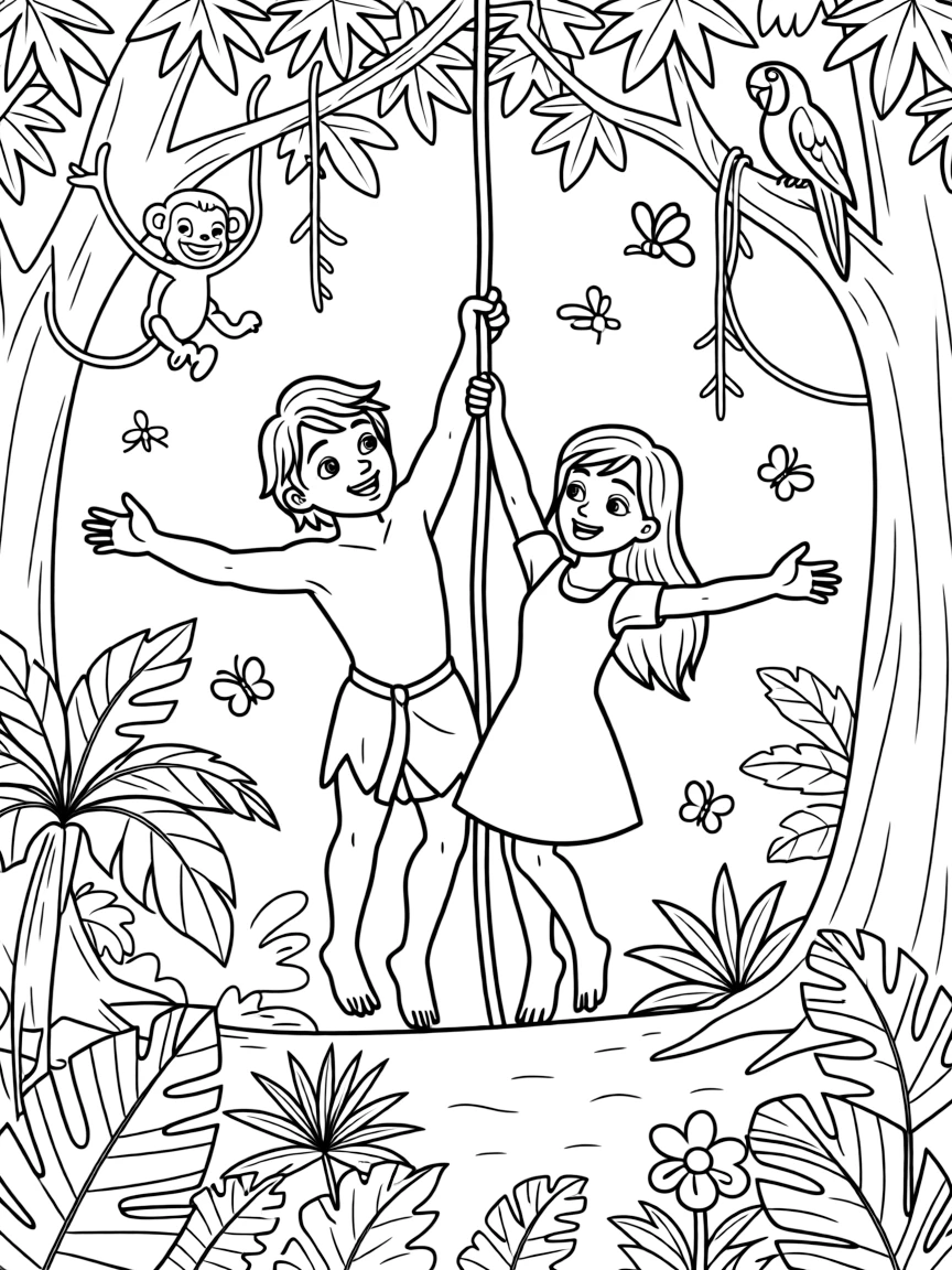Tarzan swinging with Jane, with a beautiful jungle background.