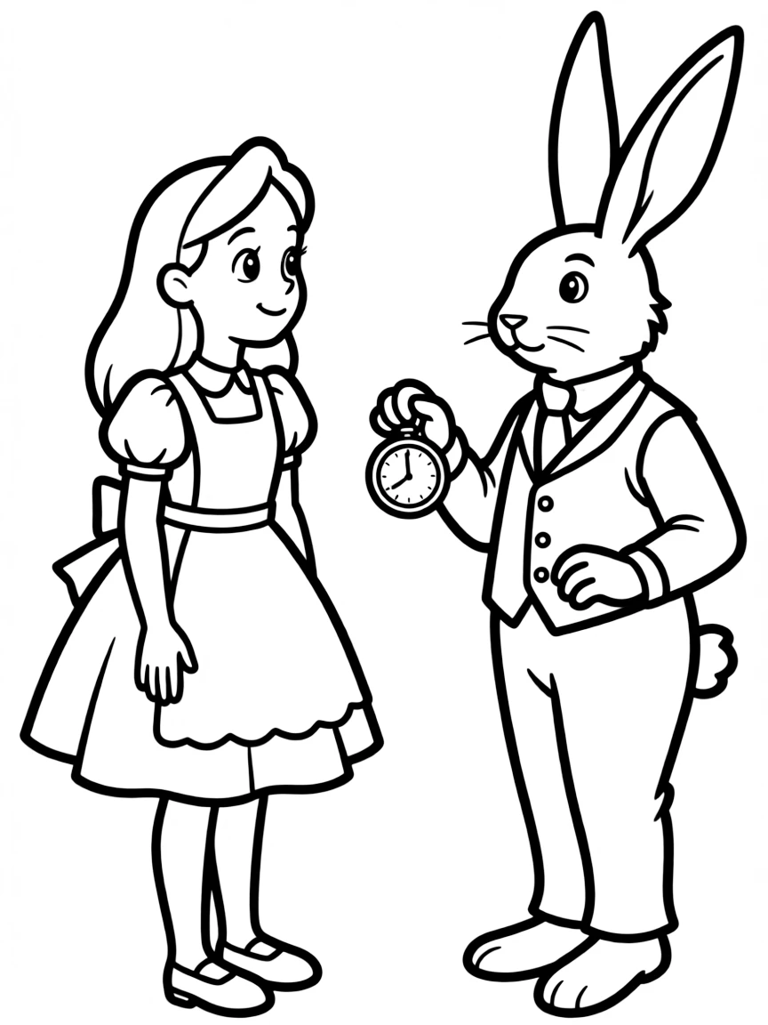 Alice talking to the White Rabbit, looking curious.