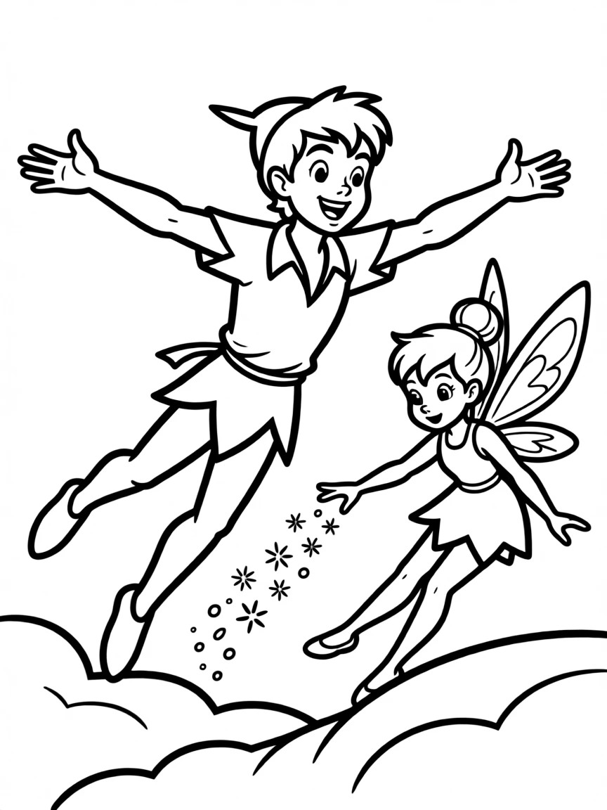 Peter Pan and Tinker Bell flying around, sprinkling pixie dust.