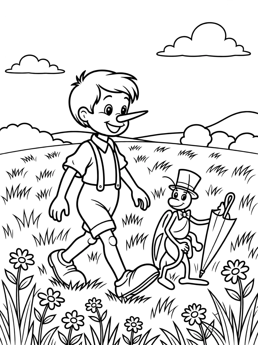 Pinocchio and Jiminy Cricket walking through a field.