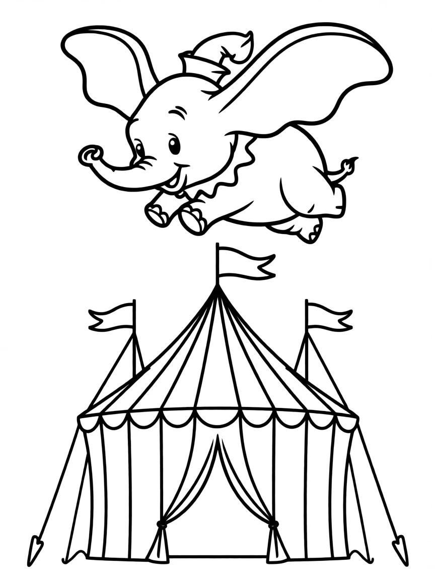 Dumbo flying above the circus tent, looking free.
