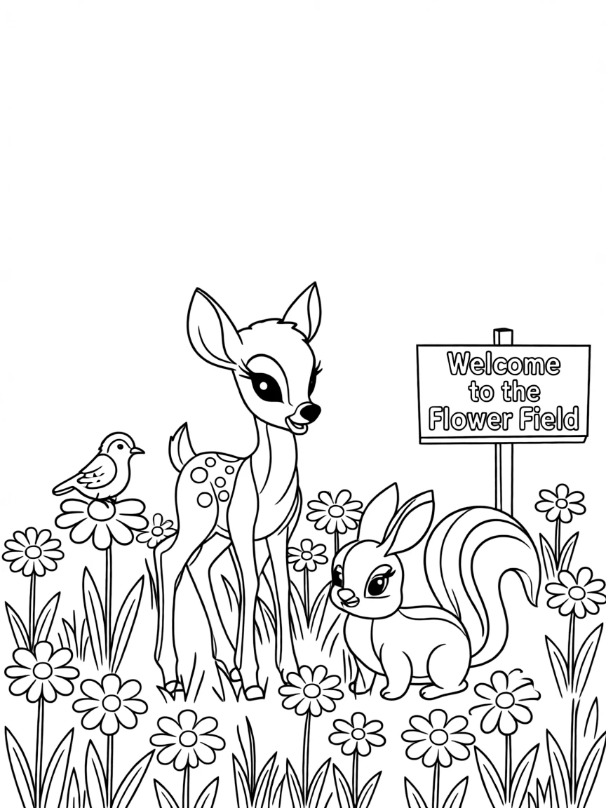 Bambi and his friends playing in a field of flowers.