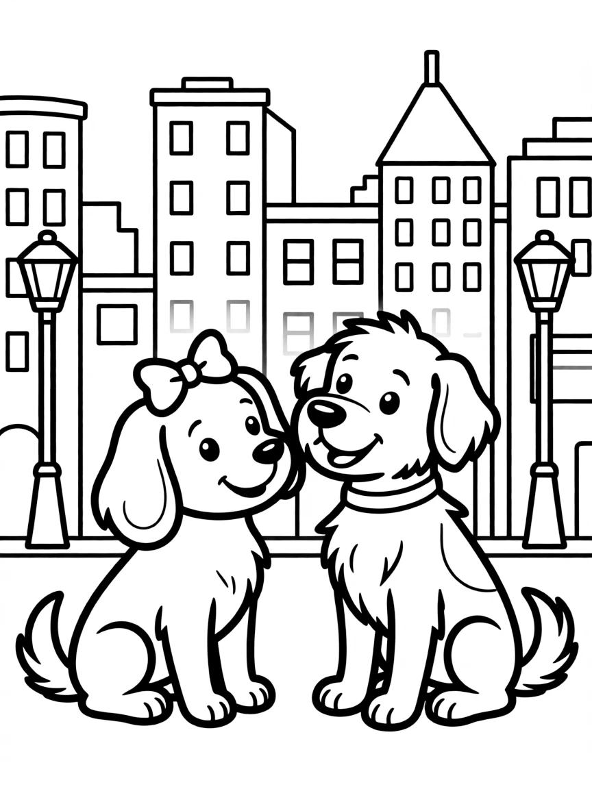 Lady and Tramp looking at each other lovingly, with the cityscape.
