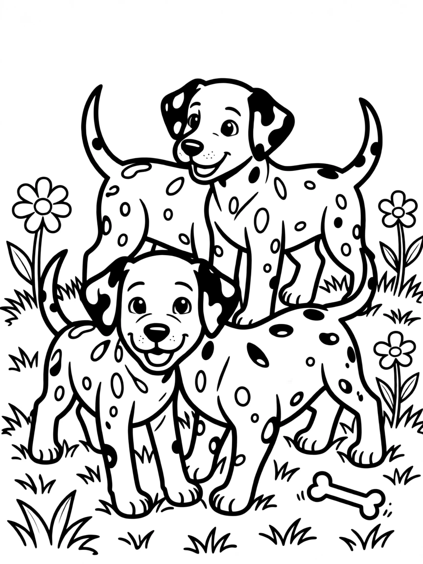 The Dalmatian puppies playing with each other, with spots everywhere.