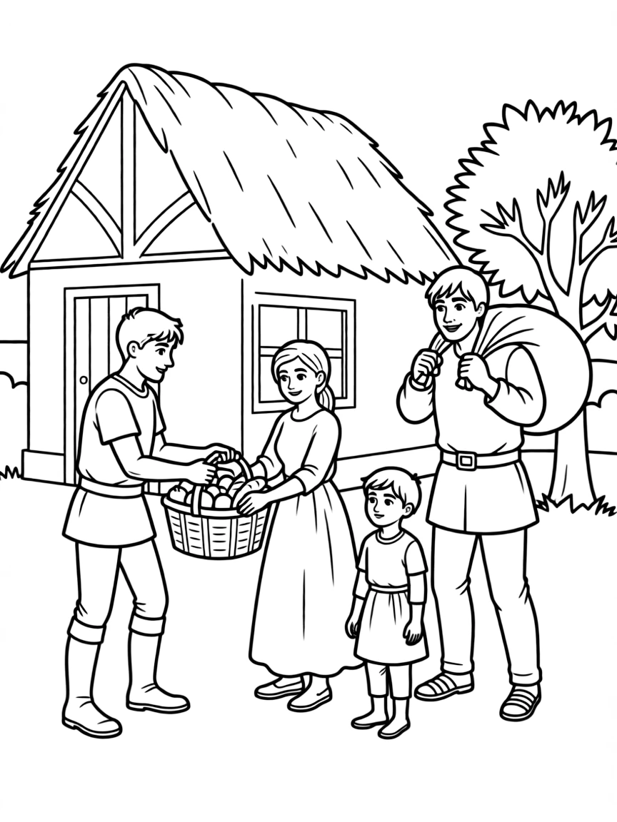 Robin Hood and Little John helping a poor family.