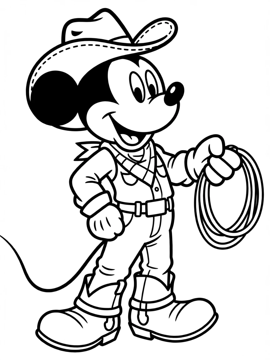 Mickey Mouse dressed as a cowboy, with a lasso.