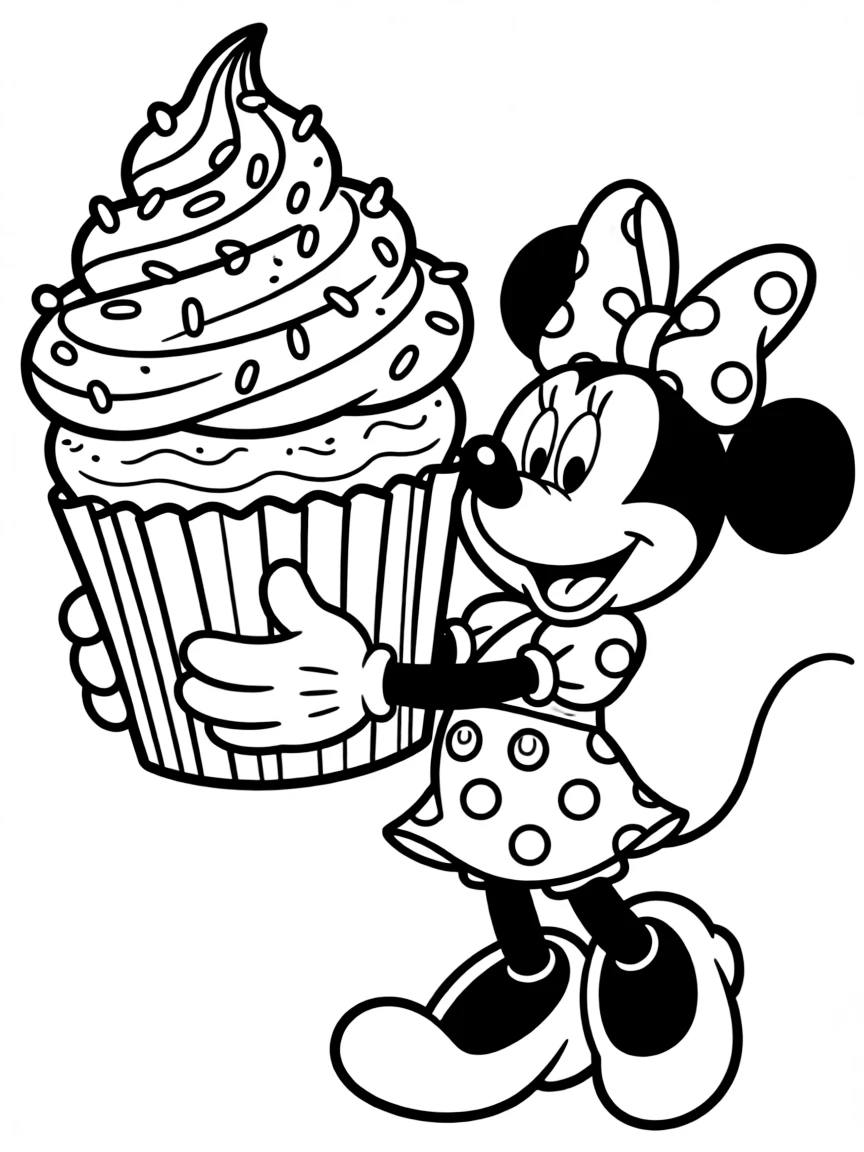 Minnie Mouse holding a giant cupcake.