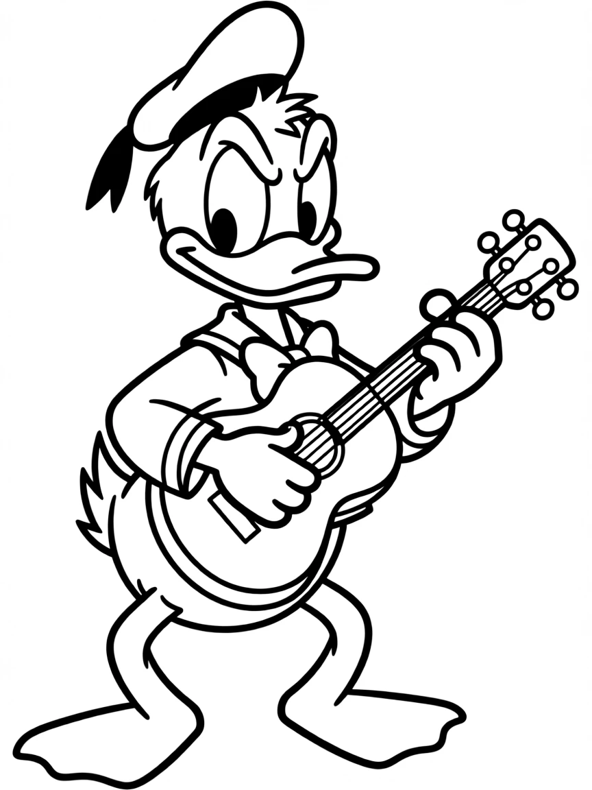 Donald Duck trying to play a guitar, looking frustrated.