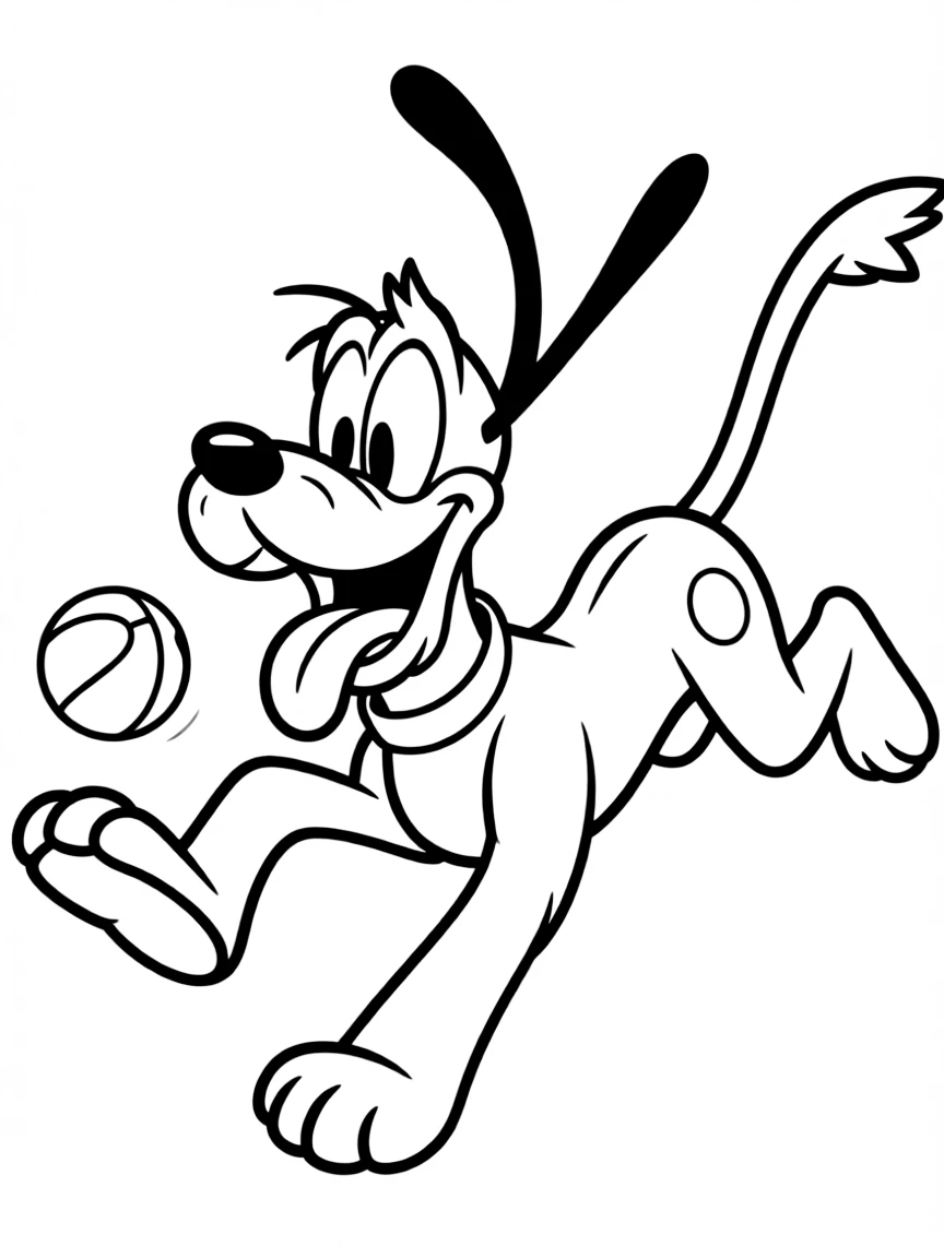 Pluto chasing a ball, with a big, happy grin.