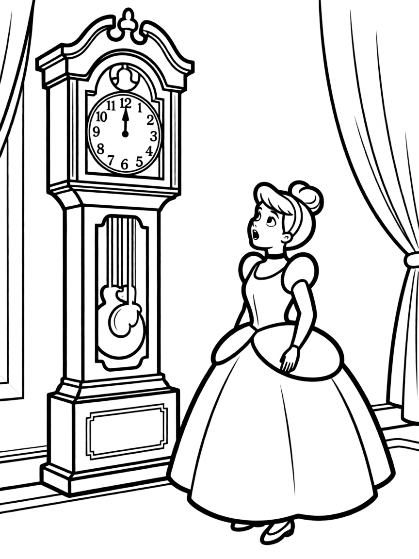 Cinderella looking at the clock, realizing it's midnight.