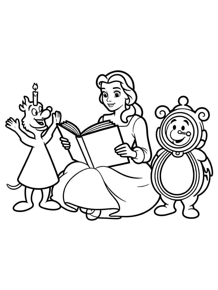 Belle reading a book, with Lumiere and Cogsworth watching.