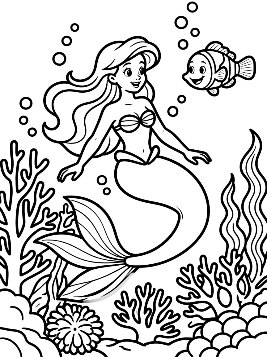 Ariel swimming with Flounder, with colorful coral.