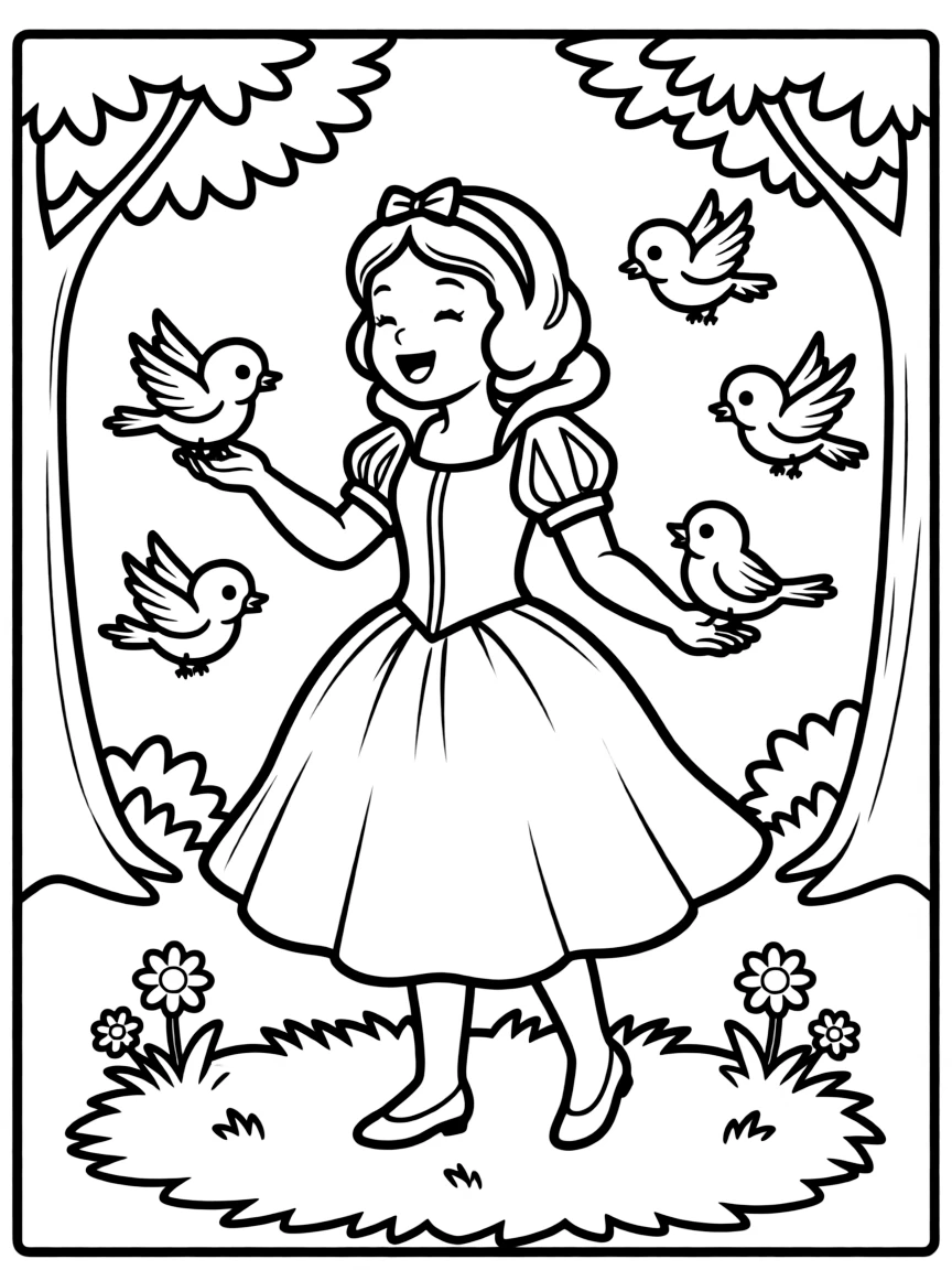 Snow White singing to the birds, with a happy expression.