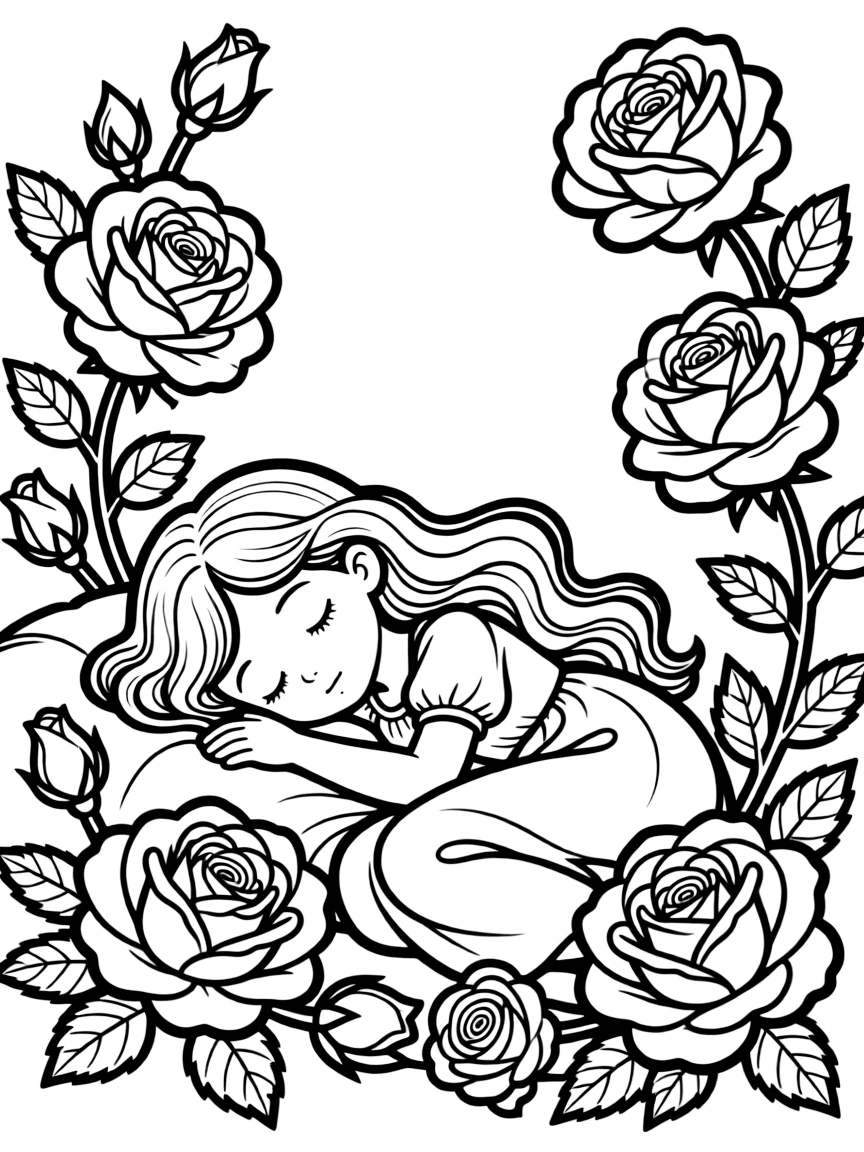 Aurora sleeping, surrounded by roses.