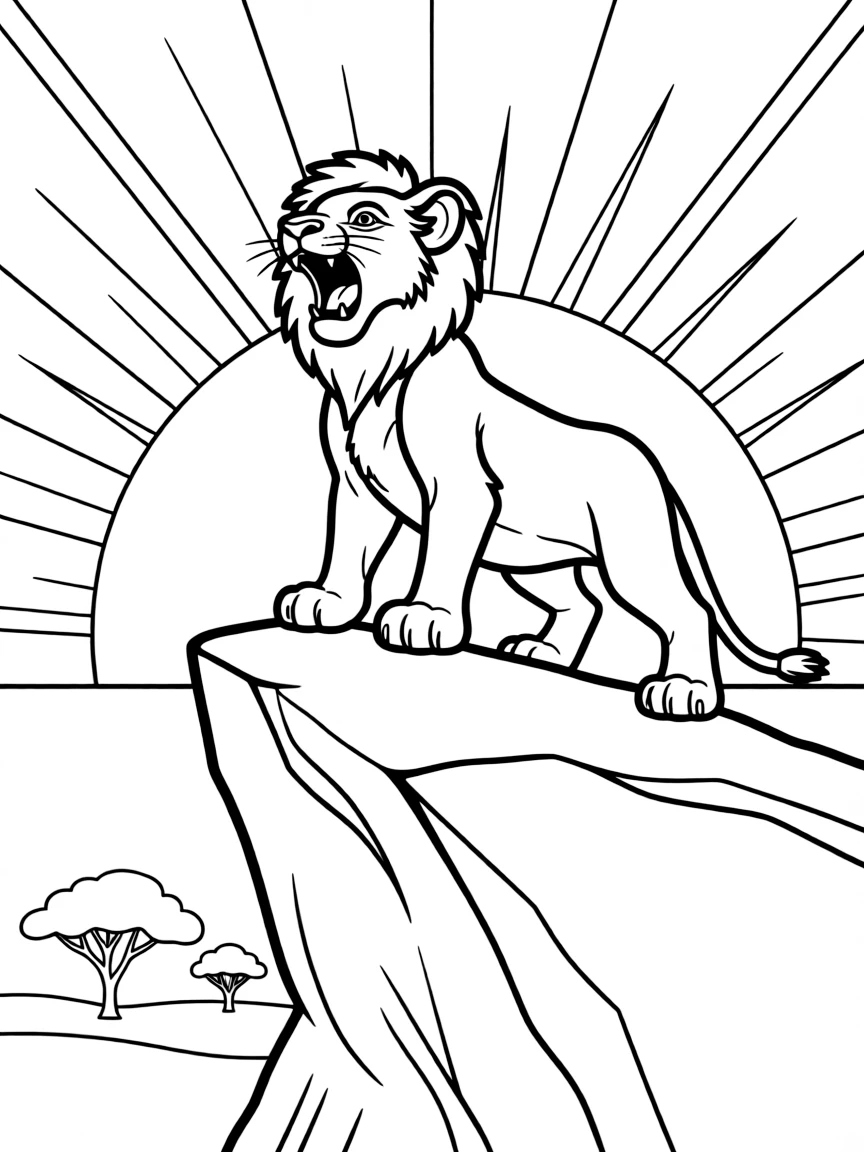 Simba roaring on Pride Rock, with the sun rising.