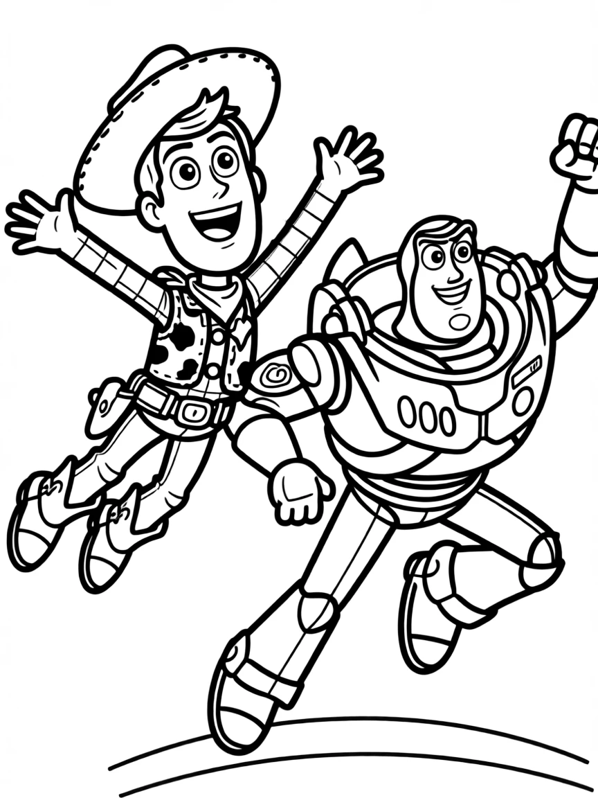Woody and Buzz flying through the air, with a big smile.
