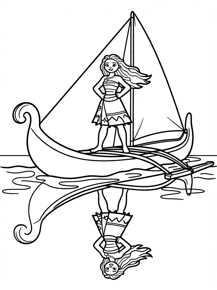 Moana standing on her boat, with the ocean reflecting her face.