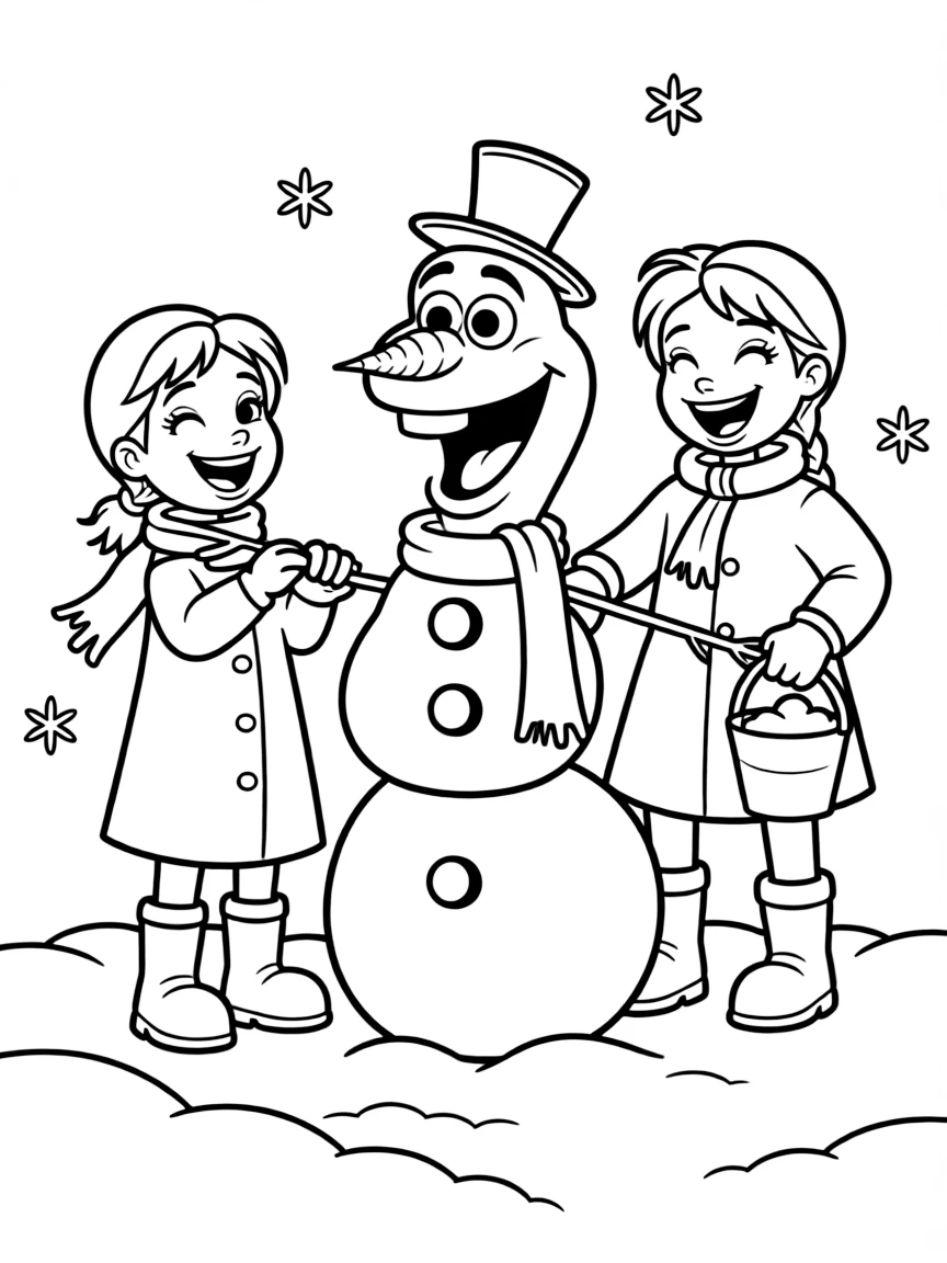 Anna and Olaf building a snowman, laughing.